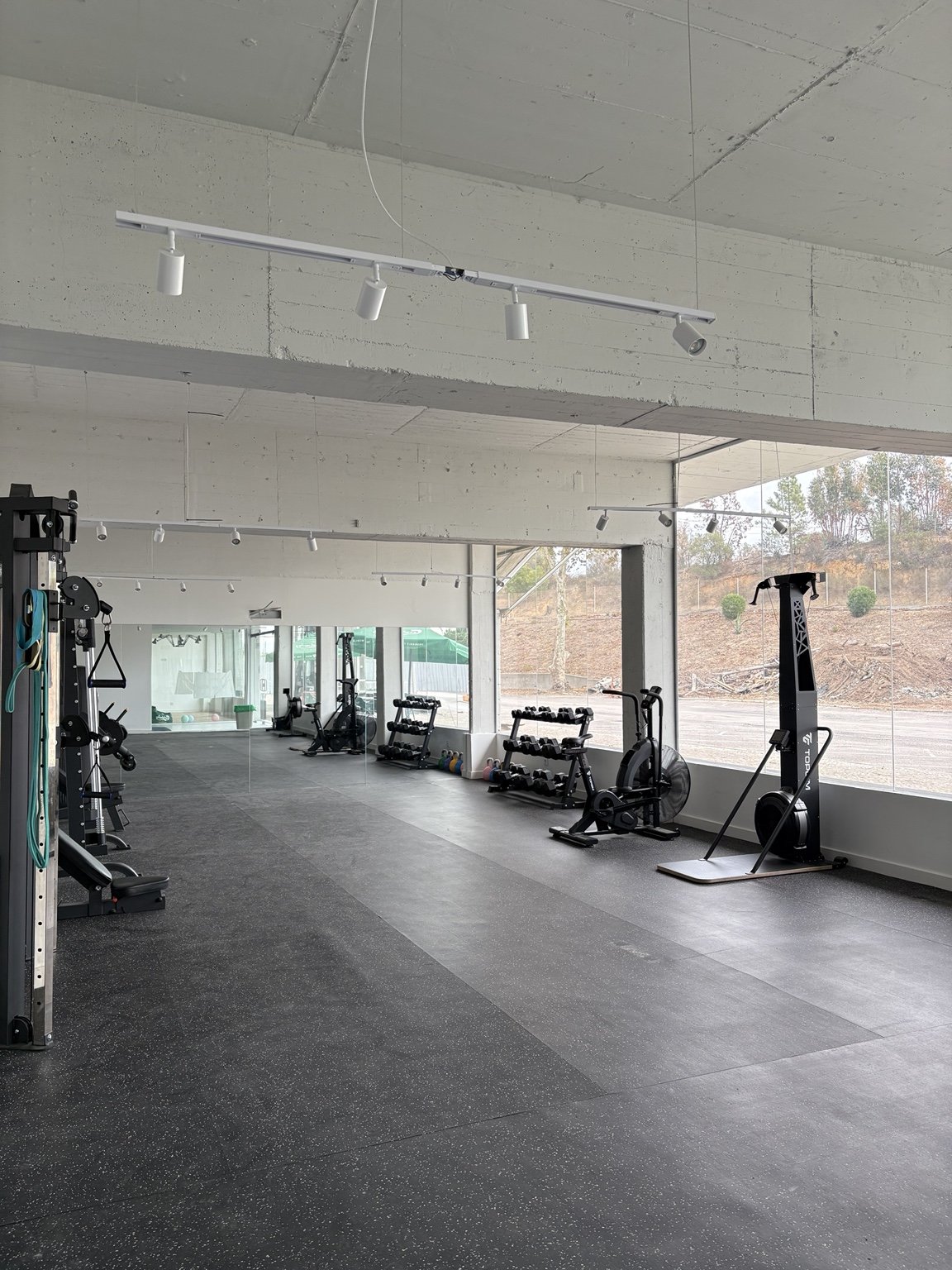 Interior do espaço de treino com luz natural, máquinas, halteres e zona de exercício